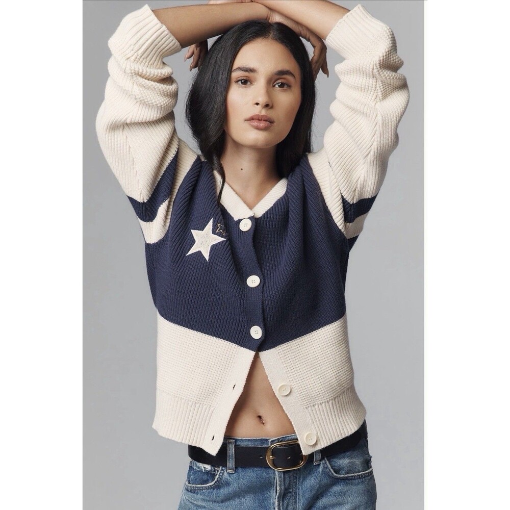 Anthropologie Daily Practice Cardigan Sweater Navy Quarterback Preppy Large NWT